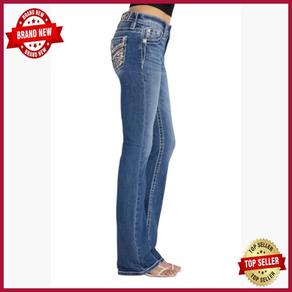 Mid Rise Bootcut Jeans with Rhinestone Embellishments and Faux Flap Pockets - Picture 3 of 4